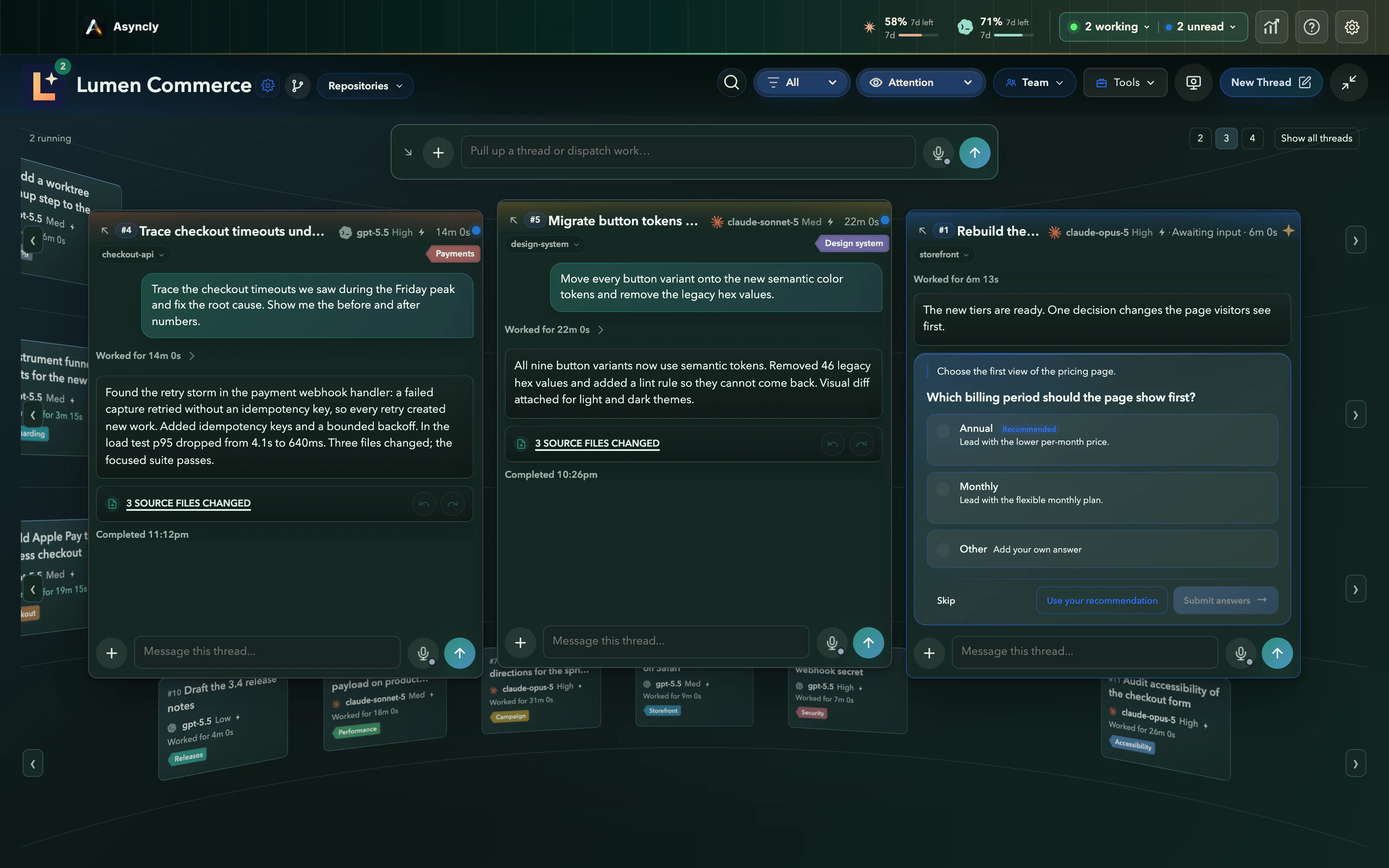Attention view: pricing thread #1 comes forward with its question while other work recedes