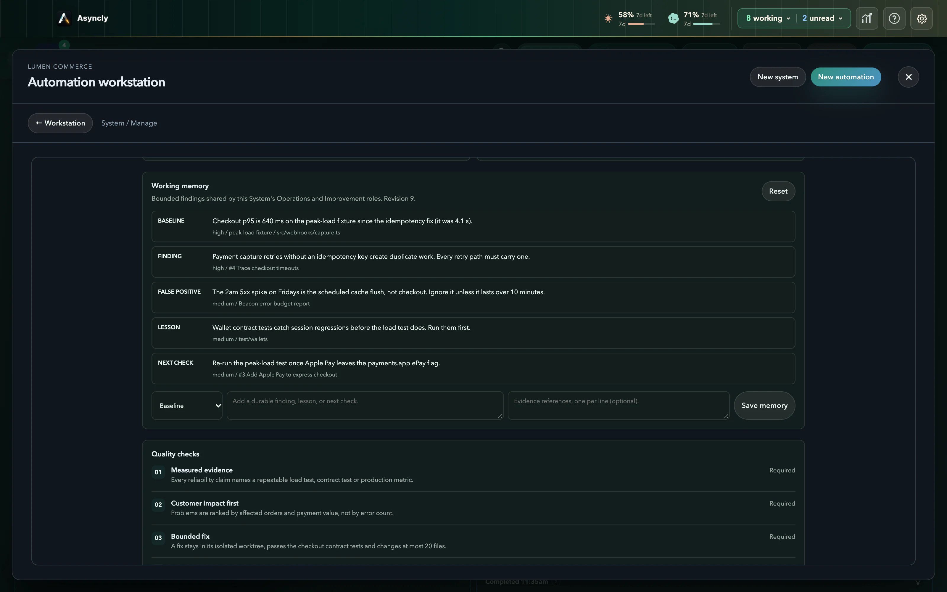 The Checkout reliability System in Lumen Commerce: its working memory with a baseline, a finding, a false positive, a lesson and a next check, above its required quality checks