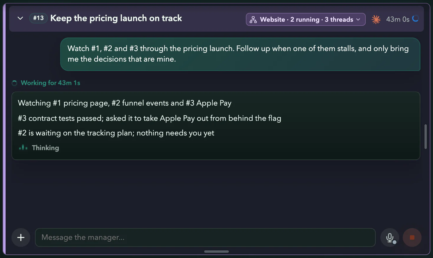 Manager thread #13 Keep the pricing launch on track, watching #1, #2 and #3