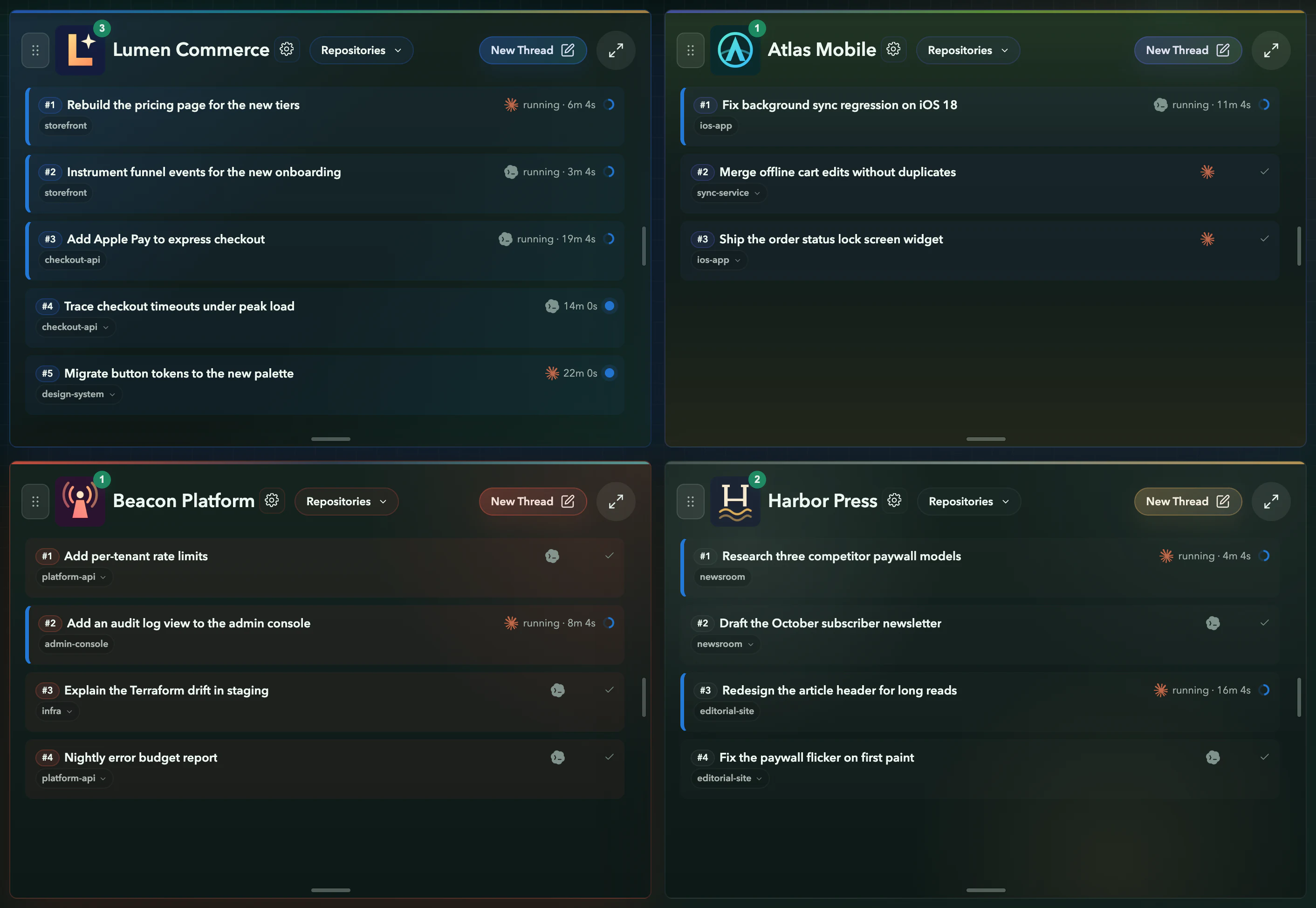 Asyncly All Workspaces: Lumen Commerce, Atlas Mobile, Beacon Platform and Harbor Press side by side, each listing its running and completed threads