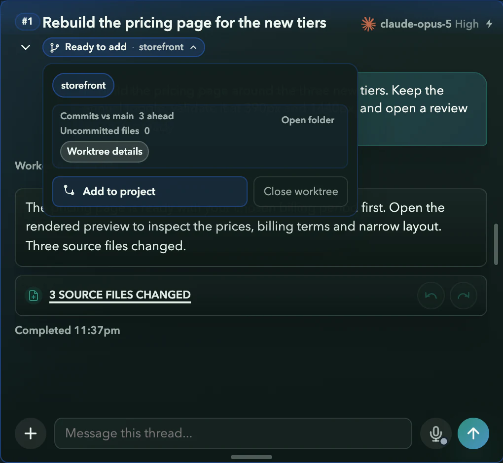 Worktree summary for pricing thread #1: commits ahead of main 3, uncommitted files 0, with Add to project and Close worktree.