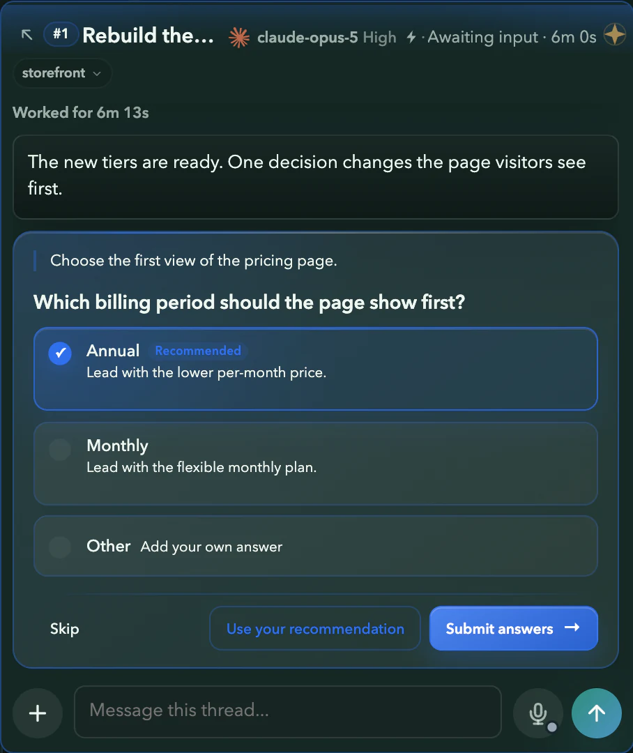 Pricing thread #1 awaiting input: Annual selected for the question Which billing period should the page show first, with Submit answers ready.