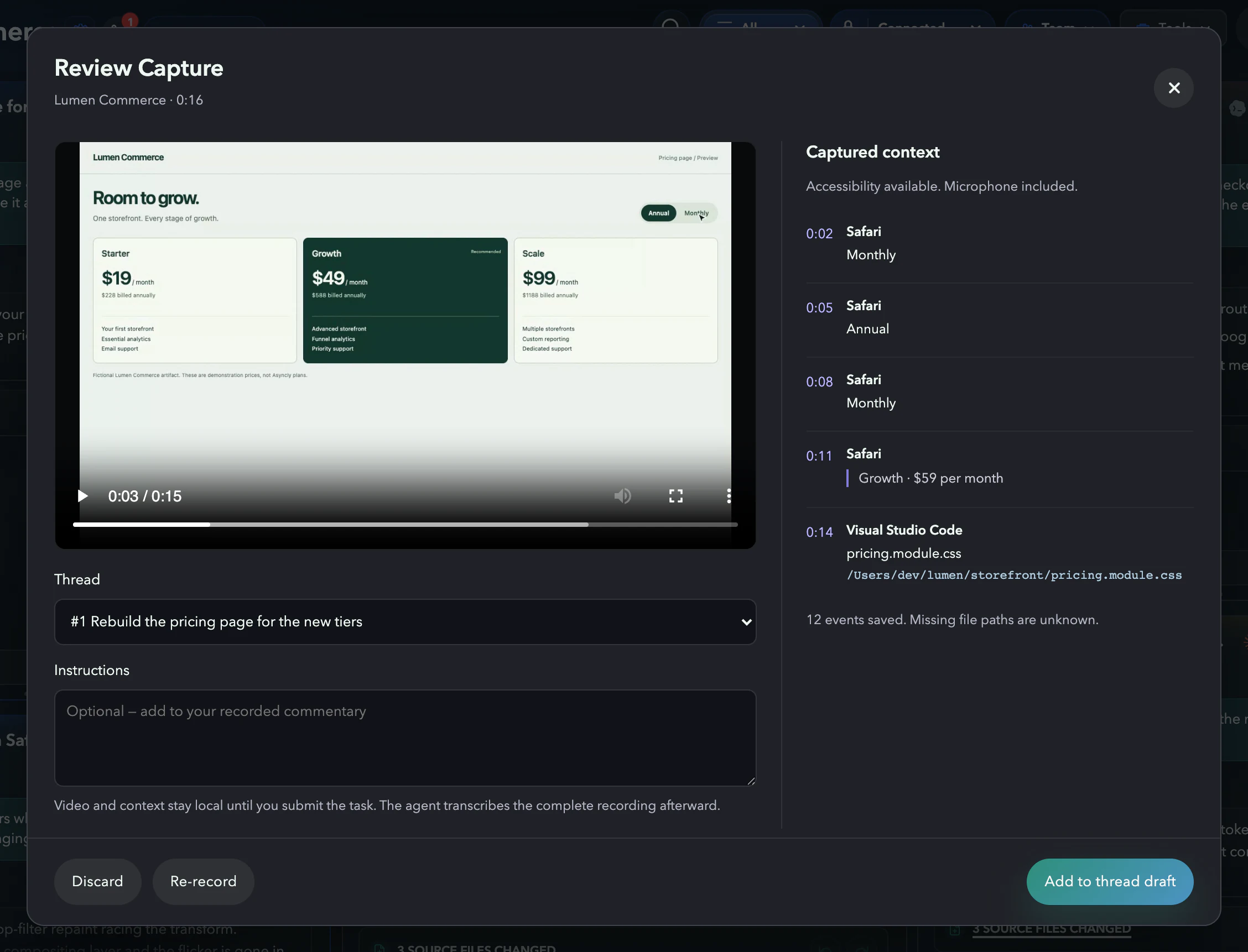 Asyncly Review Capture: the recorded pricing page beside its captured context, with clicks on Monthly and Annual, a selected price and pricing.module.css, ready to add to thread #1