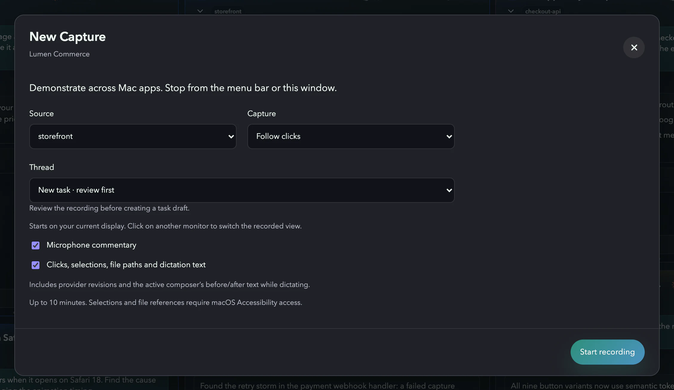 Asyncly New Capture dialog: Source storefront, Follow clicks, a thread selector, microphone commentary and interaction metadata checked, Start recording.