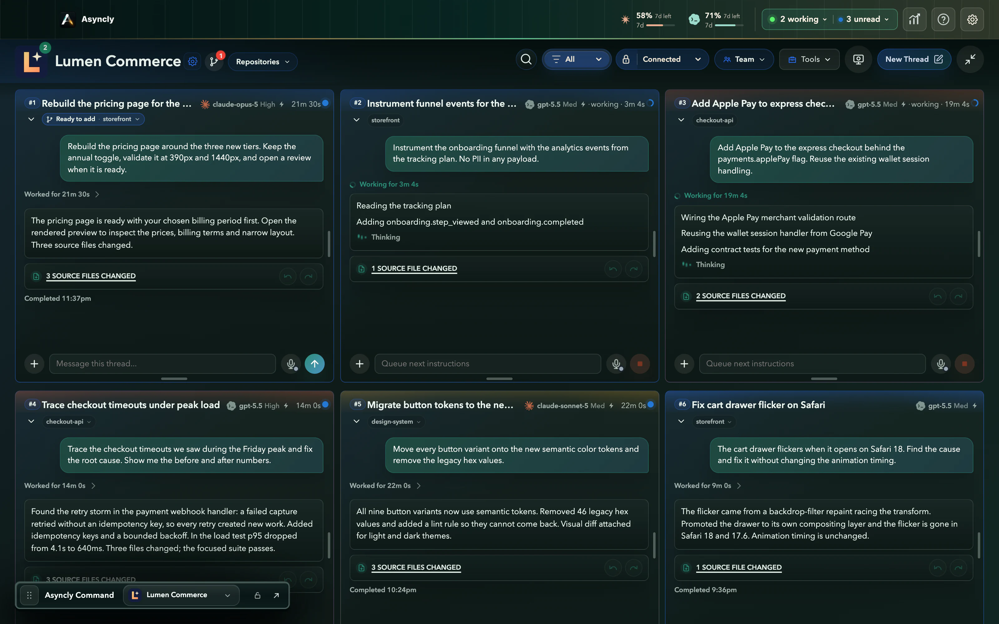 Connected view: Lumen Commerce threads side by side, pricing thread #1 ready to add beside continuing work