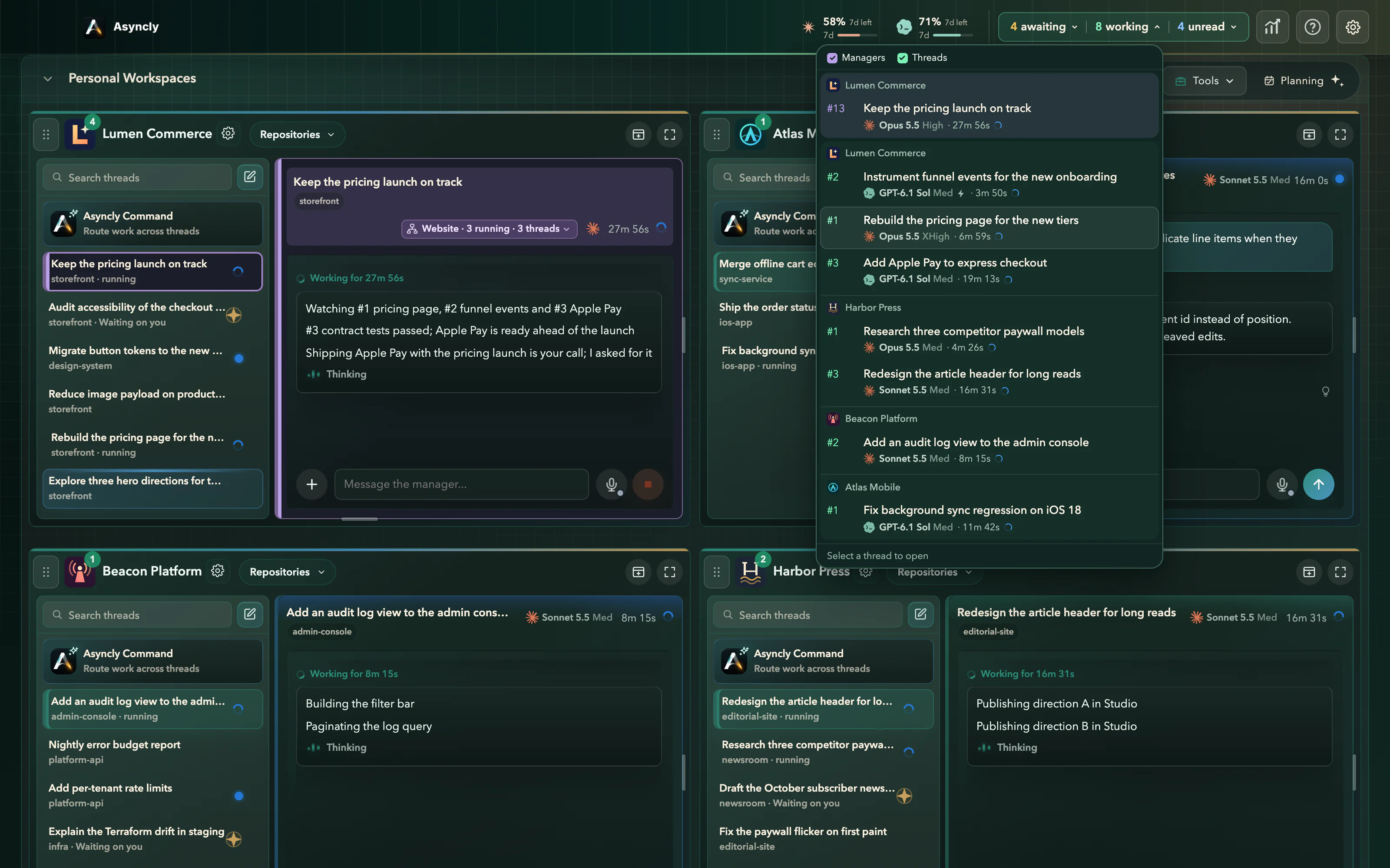 Asyncly All Workspaces with the top bar’s 8 working list open: Manager #13 and seven threads across Lumen Commerce, Harbor Press, Beacon Platform and Atlas Mobile, each with its model, effort and run time