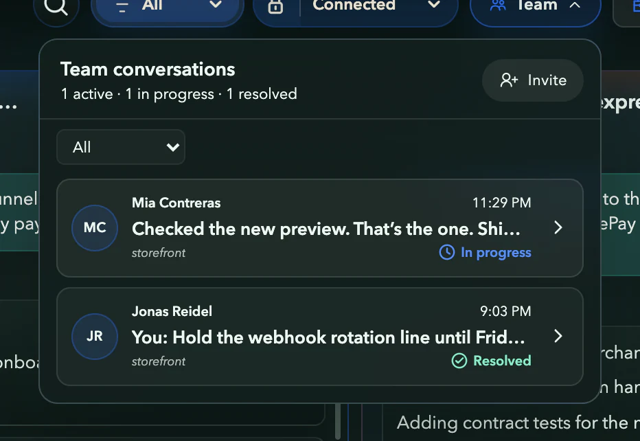 The Team conversations list: one in progress with Mia Contreras and one resolved with Jonas Reidel