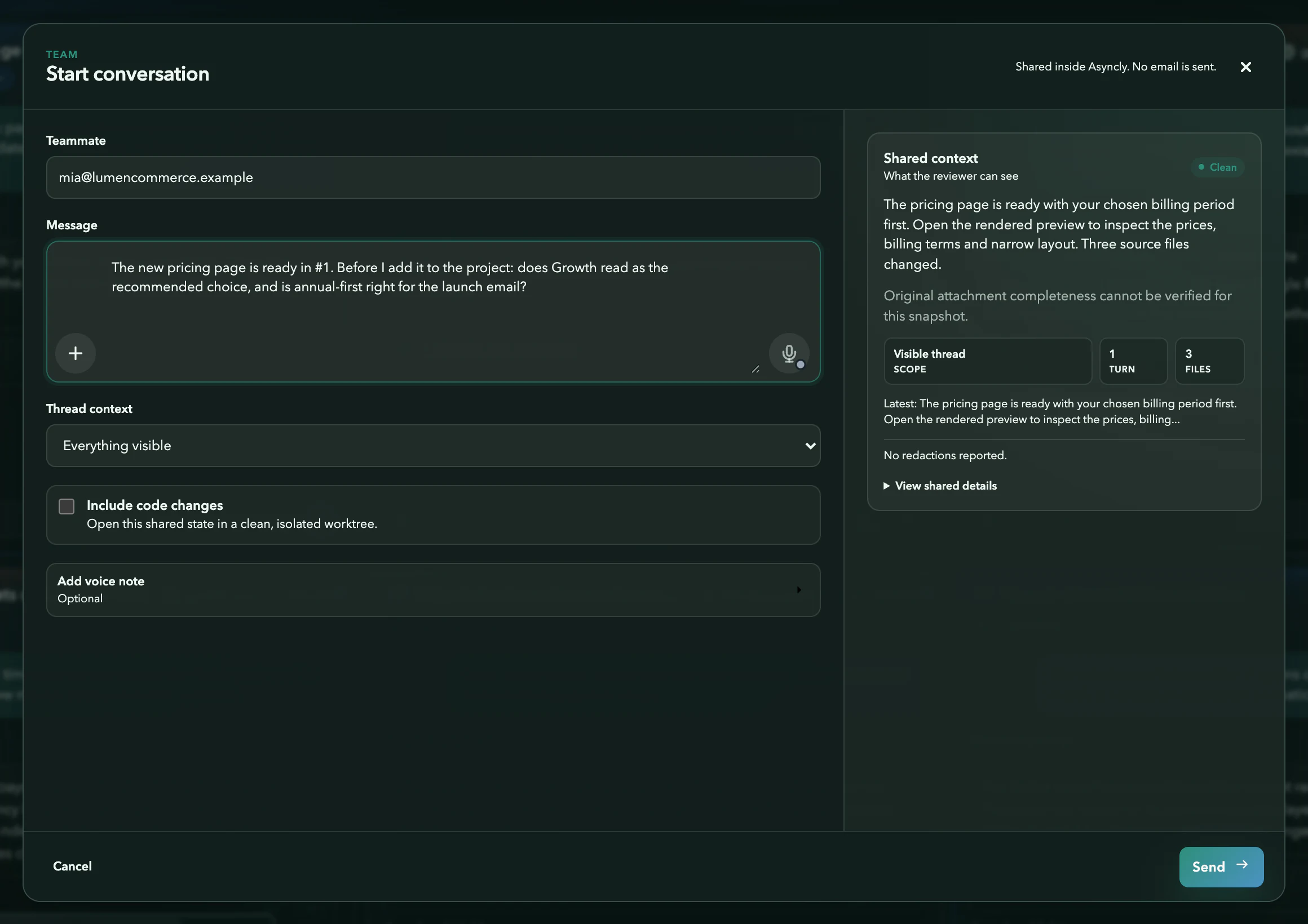 Asyncly Start conversation: a teammate’s address, a question about thread #1, the Thread context choice and a preview of the shared context with 1 turn and 3 files