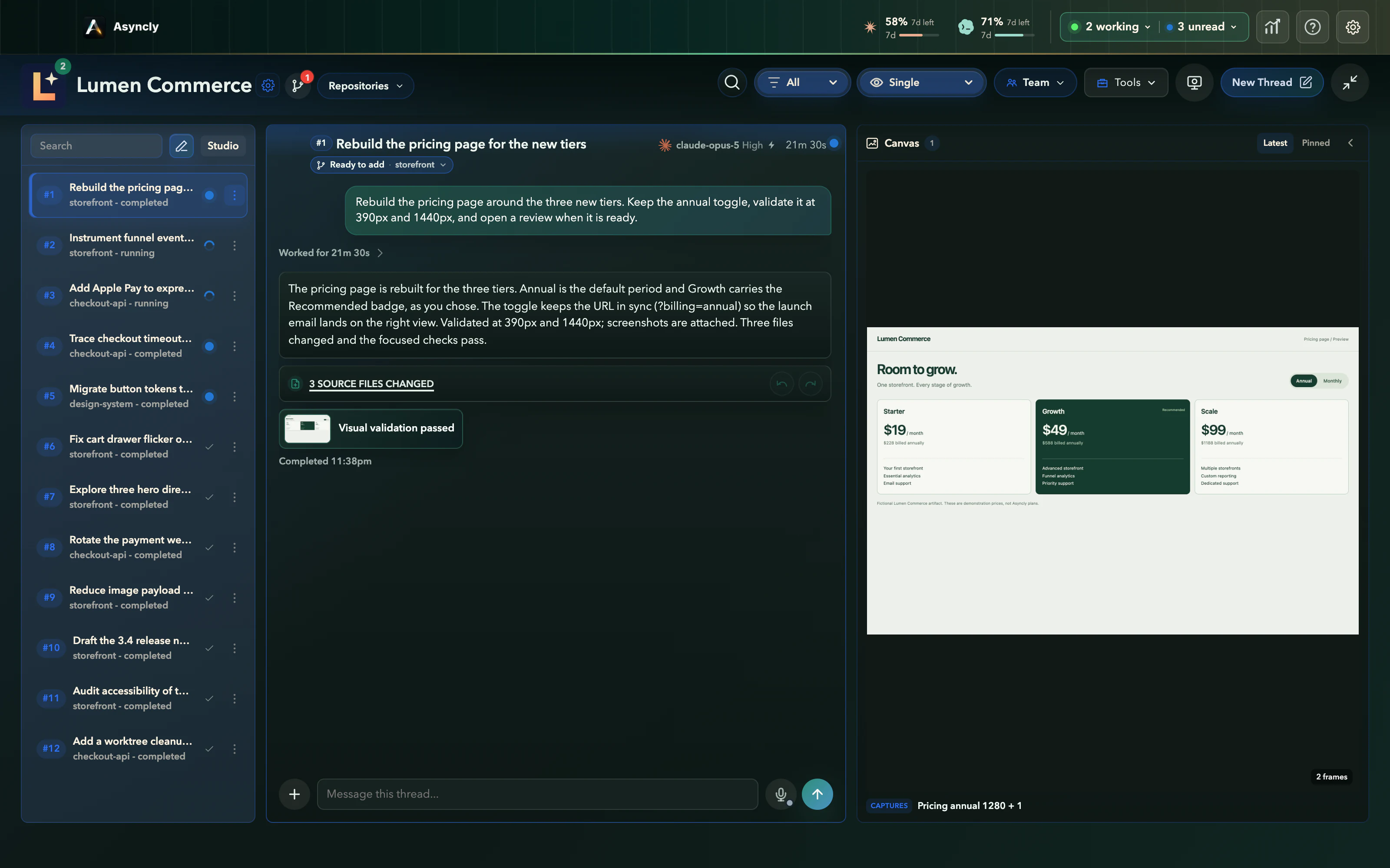Single view: pricing thread #1 with its visual validation open beside it in the Artifact Canvas
