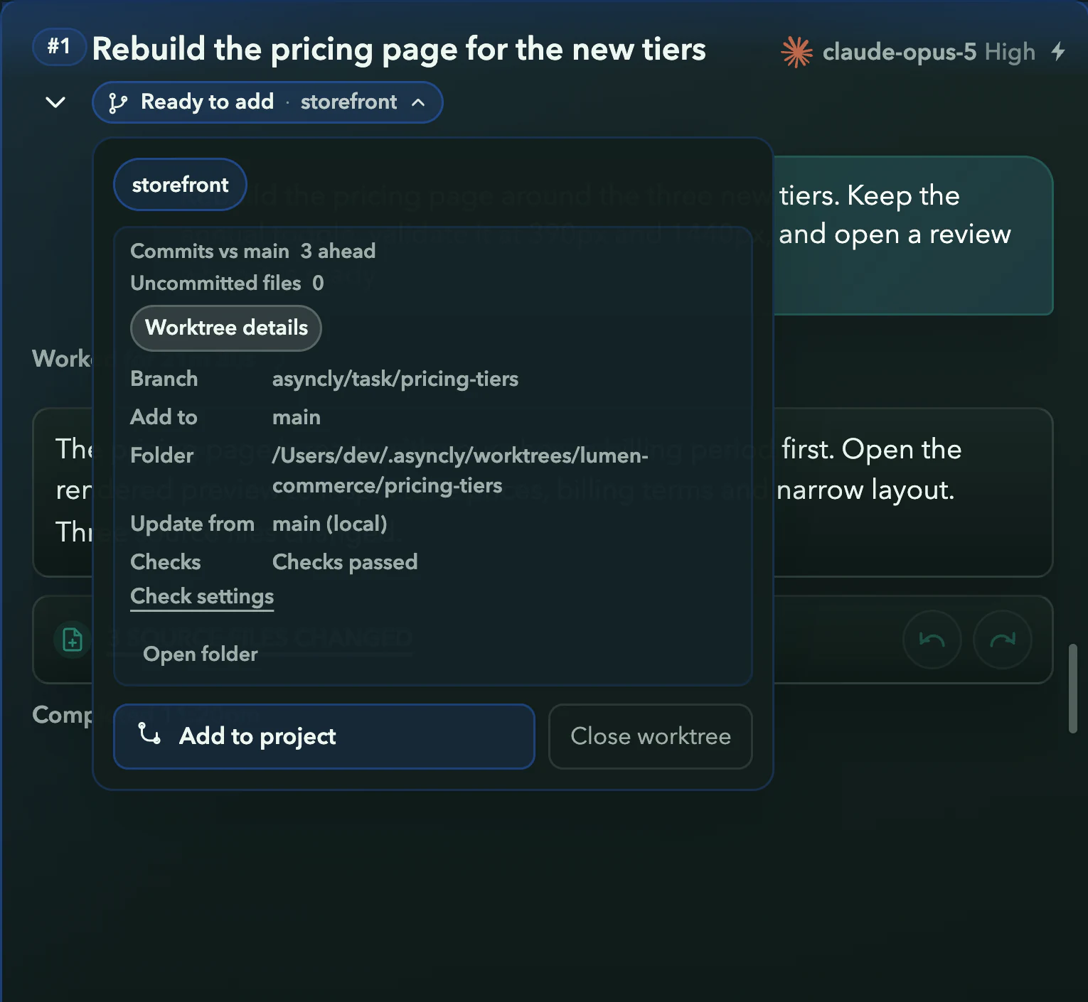 Worktree details on thread #1: branch asyncly/task/pricing-tiers, add to main, its own folder, update from main, Checks passed