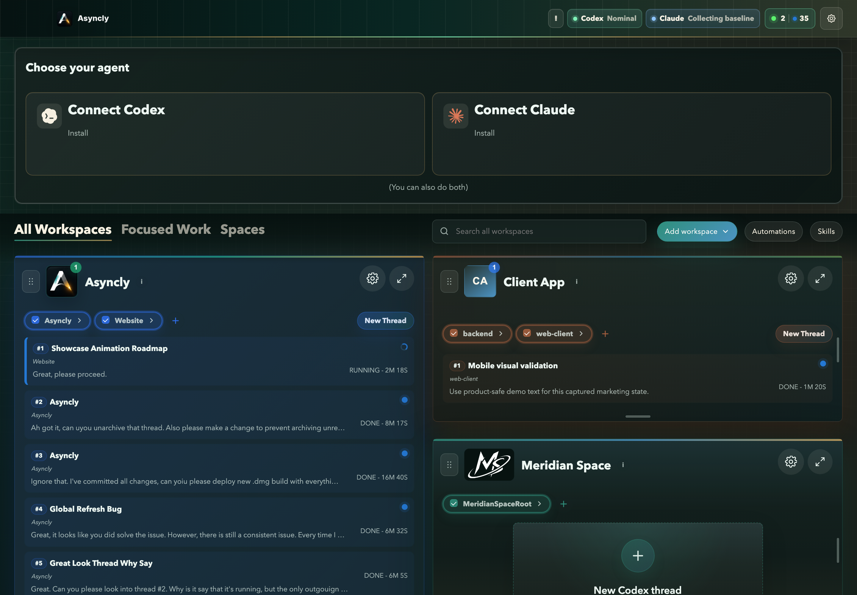 Asyncly desktop command center showing multiple workspaces, connected Codex and Claude agents, and live thread states.