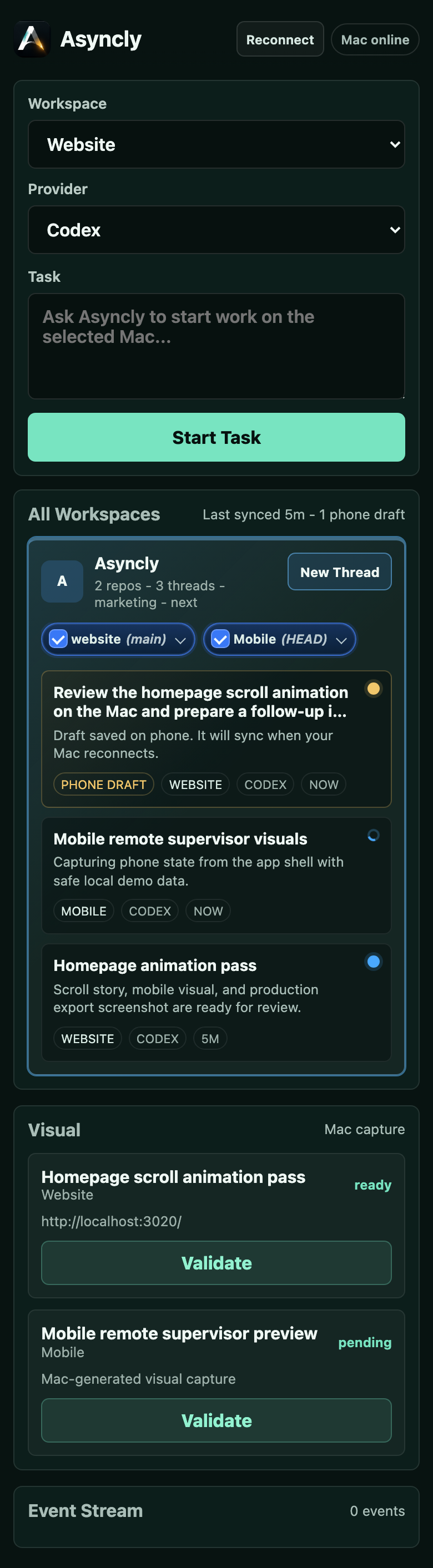 Asyncly mobile remote supervisor app showing Mac status, workspace threads, and visual validation cards.